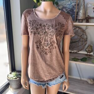 Daytrip Buckle Y2K Embellished Cross Graphic Tee Brown Acid Wash Distressed - XL